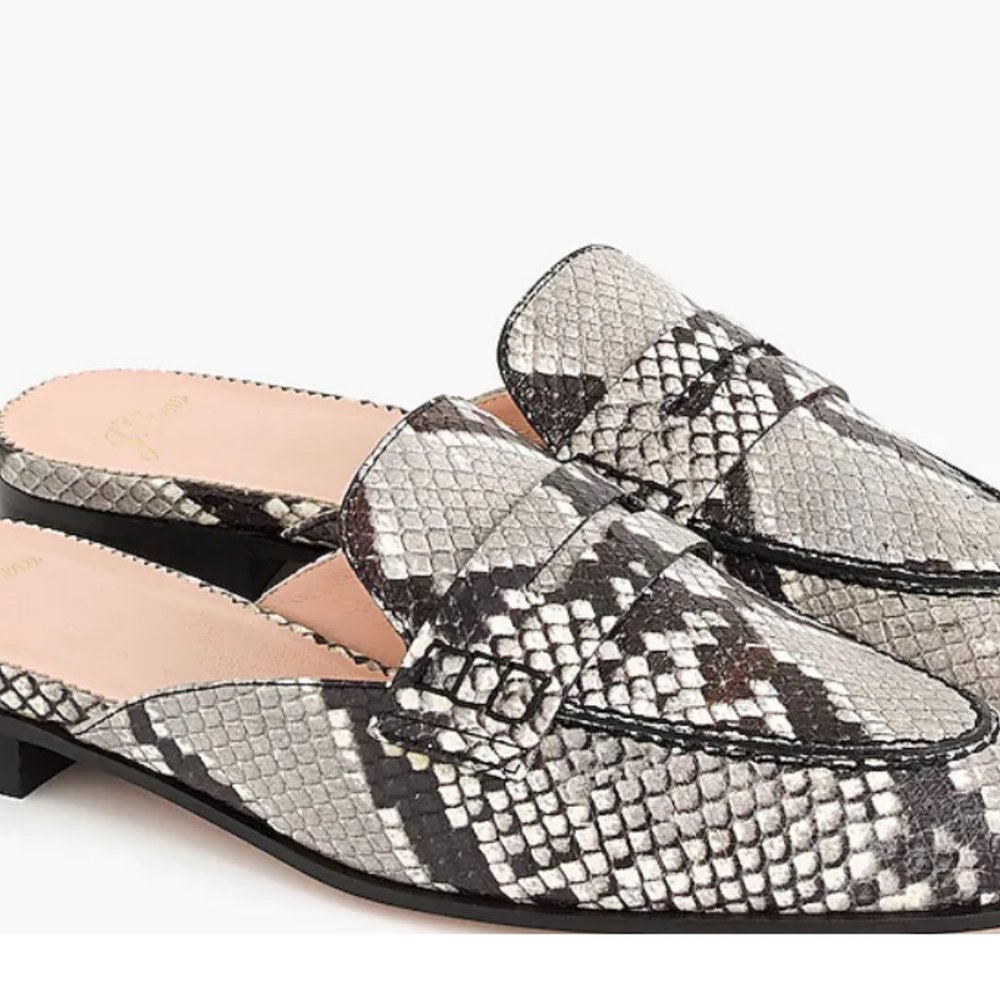 JCrew Academy penny loafer mules in snake-embossed leather